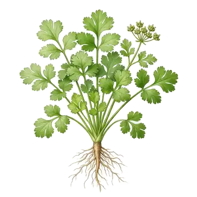 Tiges élancées et feuilles vert clair délicatement découpées d'un plan de coriandre parfumée au potager