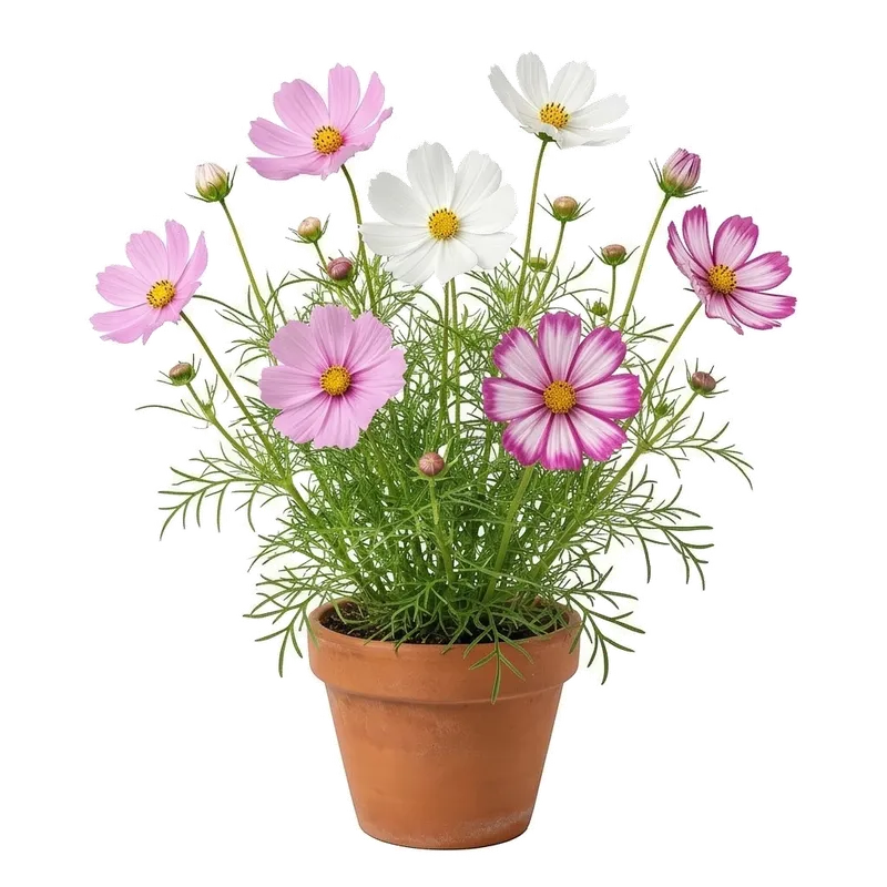 Délicates fleurs de cosmos aux grands pétales roses et blancs entourant un cœur jaune, dansant au-dessus de leur feuillage plumeux