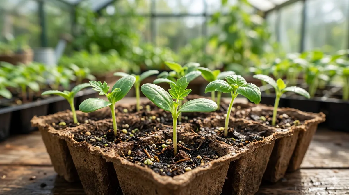 Jeunes pousses de légumes révélant leurs deux premiers cotylédons bien verts dans des godets de terreau biodégradables au sein d'une serre