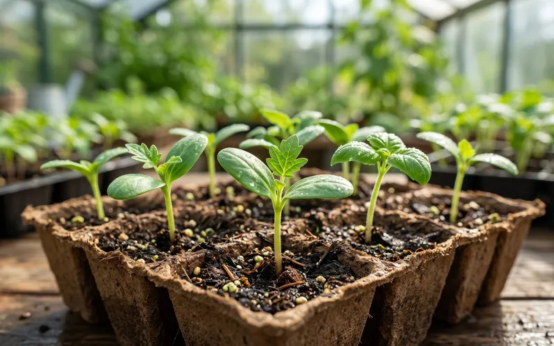 Jeunes pousses de légumes révélant leurs deux premiers cotylédons bien verts dans des godets de terreau biodégradables au sein d'une serre
