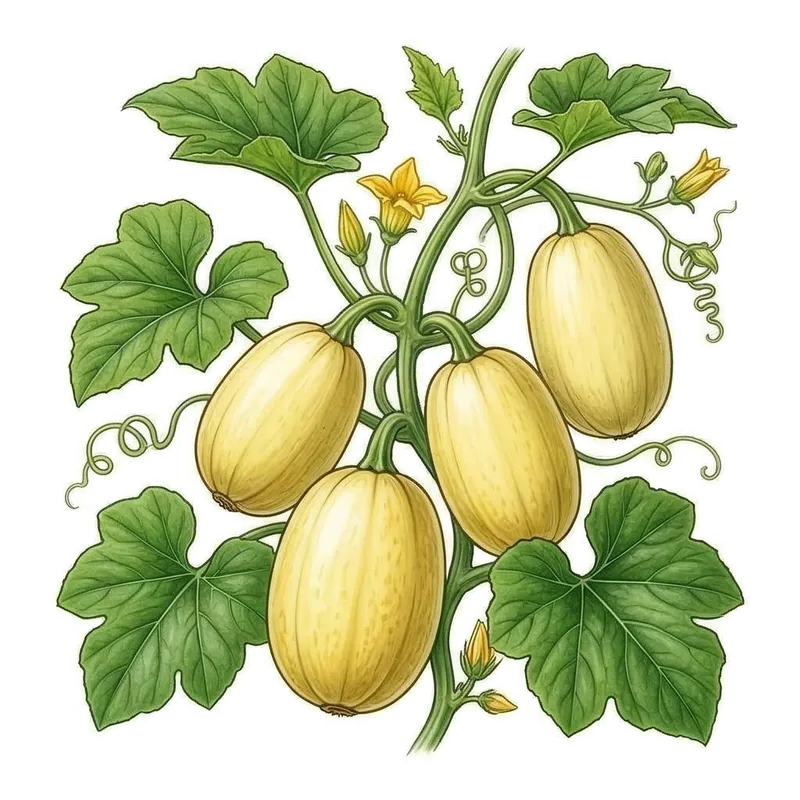 Belle courge spaghetti ovale et lisse d'un jaune pâle lumineux, mûrissant au soleil sur la terre sèche du potager