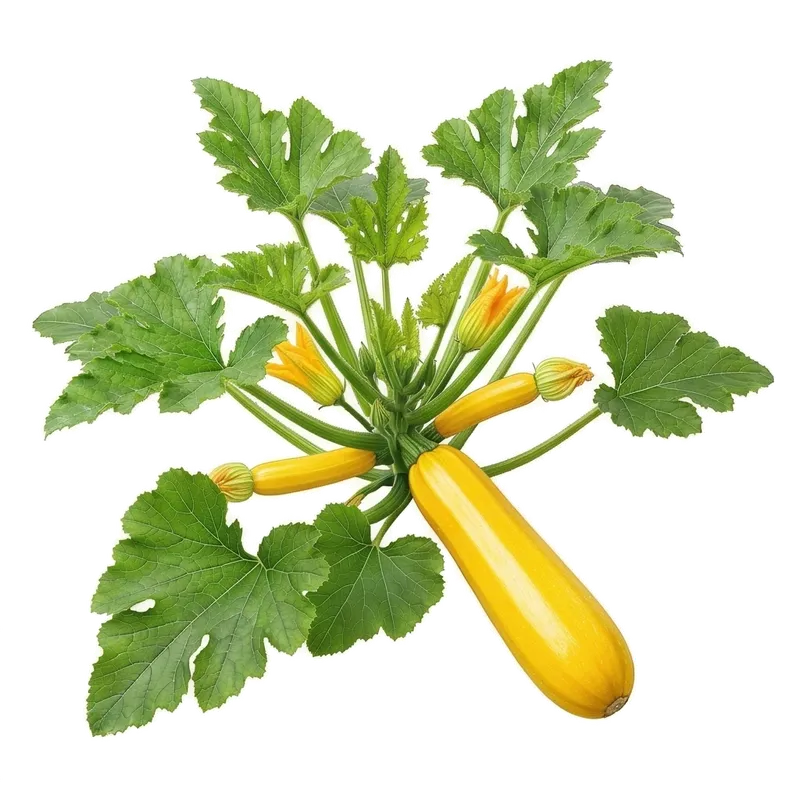 Belle courgette jaune vif allongée et cylindrique, très lumineuse, attachée à son plant vigoureux au potager