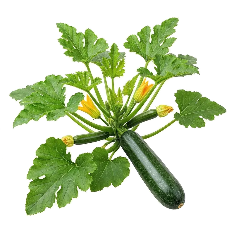 Belle courgette verte longue et cylindrique attachée à son plant vigoureux aux larges feuilles au potager