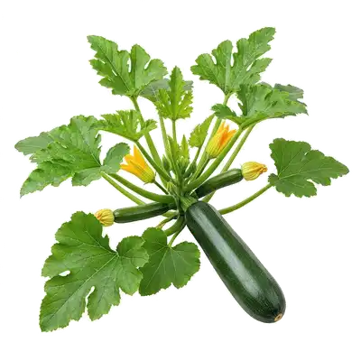 Belle courgette verte longue et cylindrique attachée à son plant vigoureux aux larges feuilles au potager
