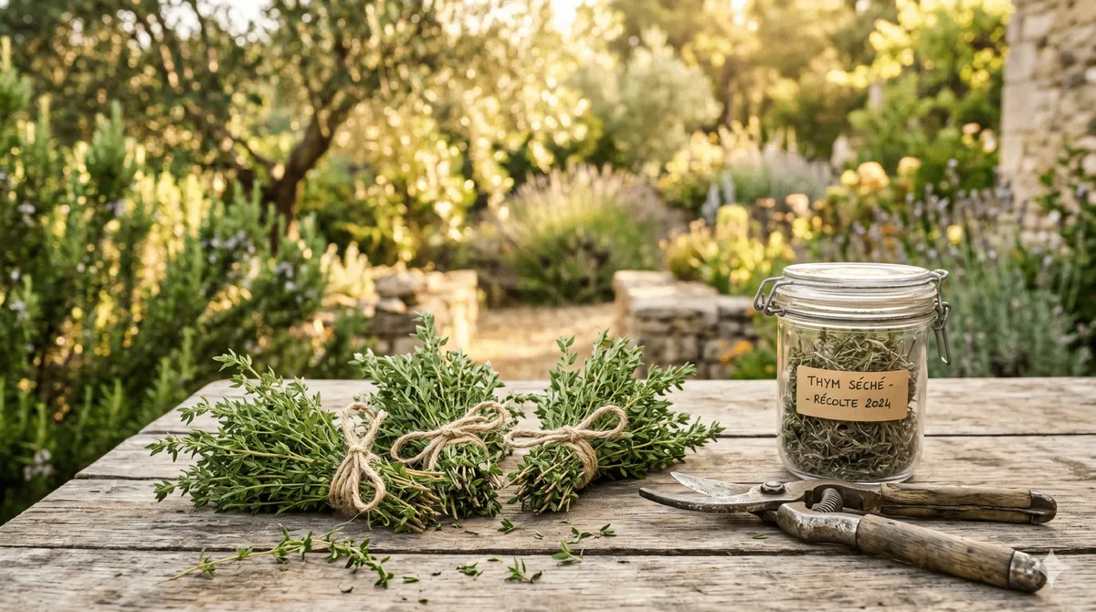 Bottes de thym frais ficelées et bocal en verre rempli de thym séché posés sur une table de jardinage en bois à côté d'un sécateur en fer