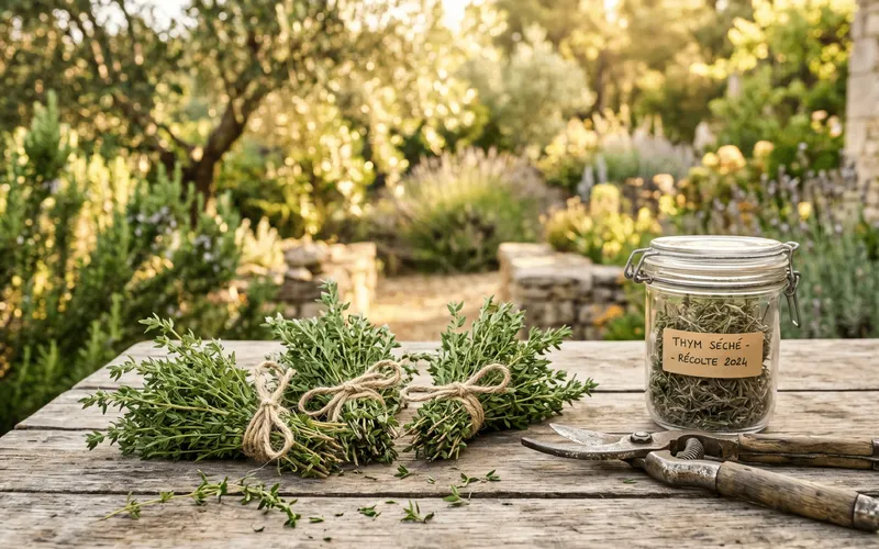 Bottes de thym frais ficelées et bocal en verre rempli de thym séché posés sur une table de jardinage en bois à côté d'un sécateur en fer