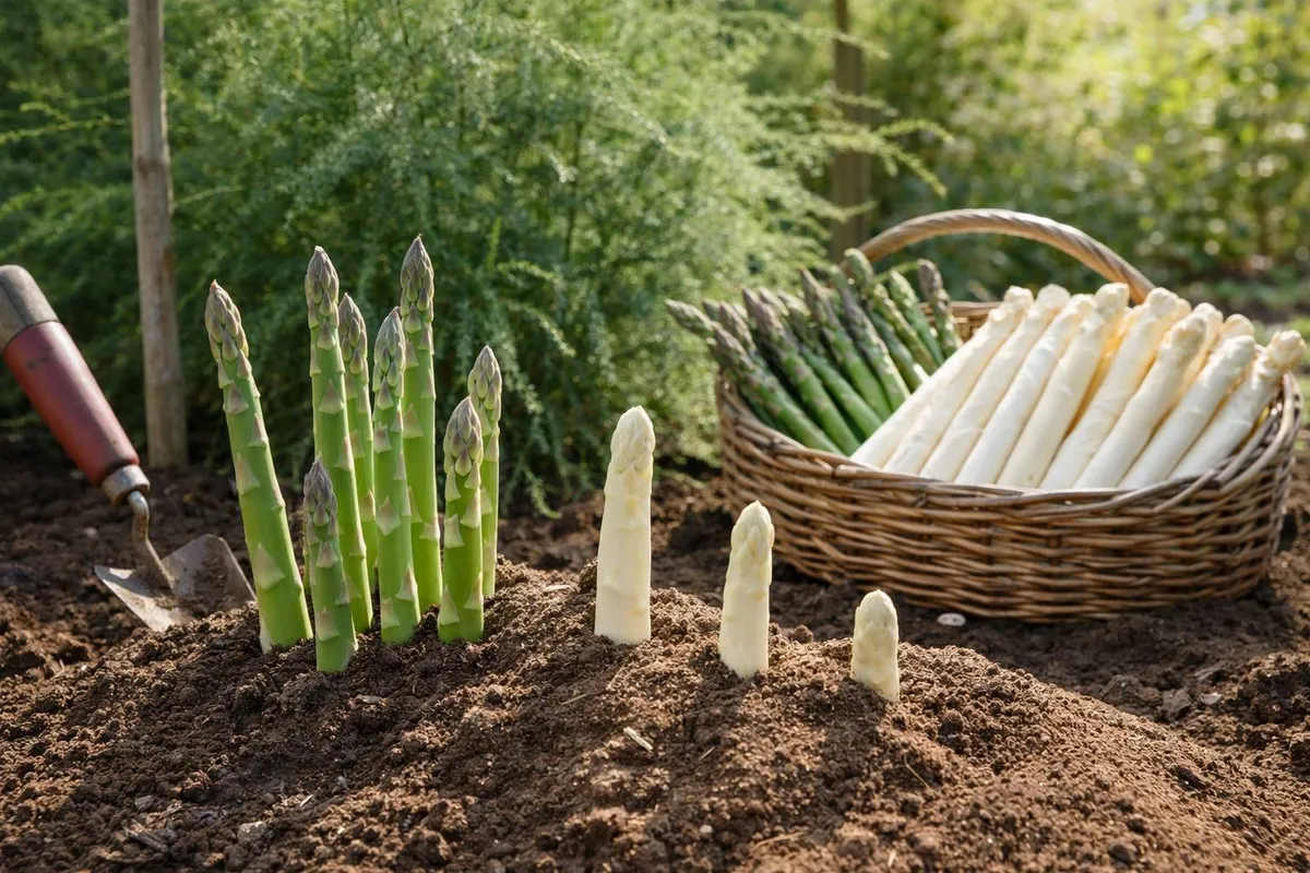 Griffes d'asperges blanches et vertes émergeant d'une butte de terre meuble à côté d'un panier en osier rempli de la récolte