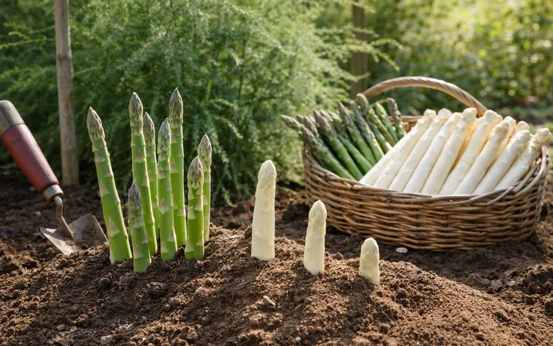 Griffes d'asperges blanches et vertes émergeant d'une butte de terre meuble à côté d'un panier en osier rempli de la récolte