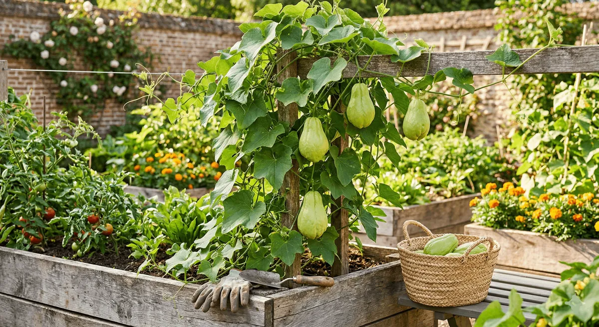 Pied de chayotte grimpant vigoureusement sur une clôture en bois dans un potager, avec des fruits verts en forme de poire suspendus à ses tiges