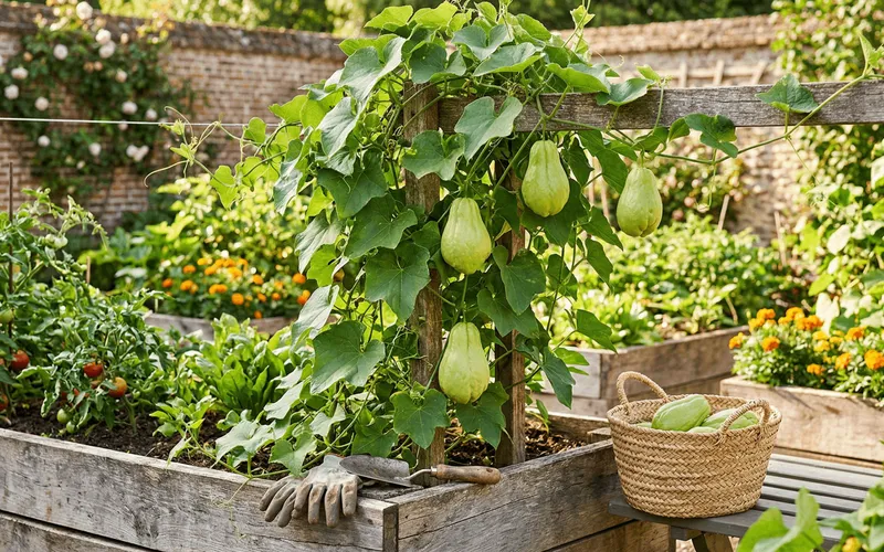 Pied de chayotte grimpant vigoureusement sur une clôture en bois dans un potager, avec des fruits verts en forme de poire suspendus à ses tiges