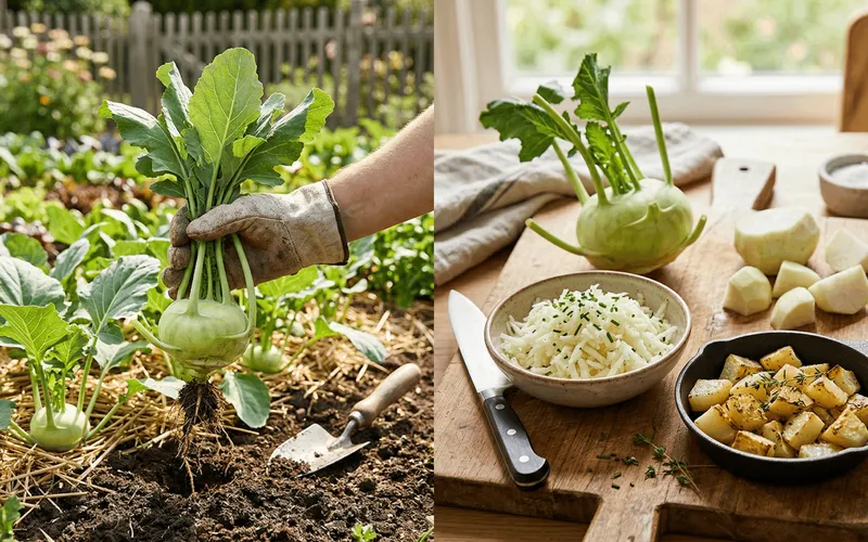 Double panneau montrant la récolte manuelle d'un chou-rave au potager et sa préparation culinaire en cuisine sous forme râpée et rissolée à la poêle