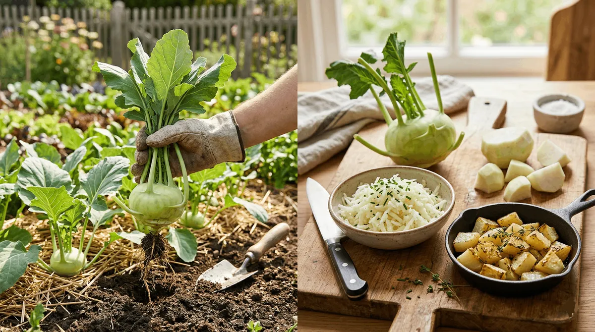 Double panneau montrant la récolte manuelle d'un chou-rave au potager et sa préparation culinaire en cuisine sous forme râpée et rissolée à la poêle