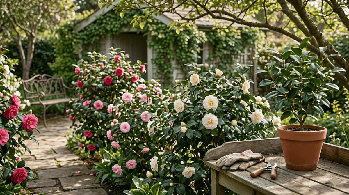 Arbustes de camélias fleuris roses et blancs le long d'un sentier en pierre ombragé menant à une cabane de jardin recouverte de lierre