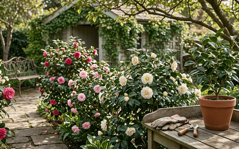 Arbustes de camélias fleuris roses et blancs le long d'un sentier en pierre ombragé menant à une cabane de jardin recouverte de lierre