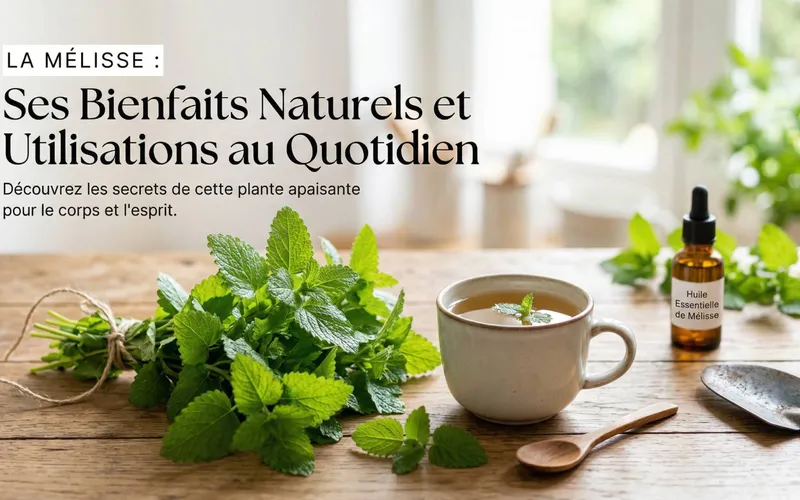 Botte de mélisse fraîchement cueillie, tasse de tisane fumante et flacon d'huile essentielle de mélisse disposés sur une table en bois