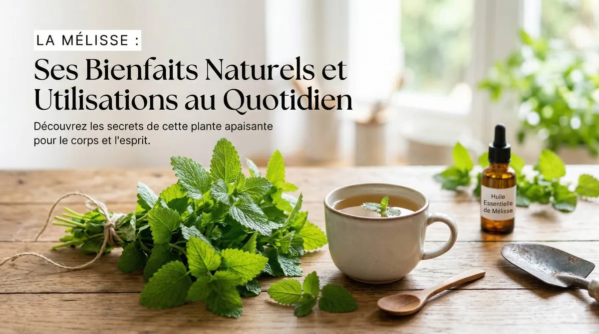 Botte de mélisse fraîchement cueillie, tasse de tisane fumante et flacon d'huile essentielle de mélisse disposés sur une table en bois