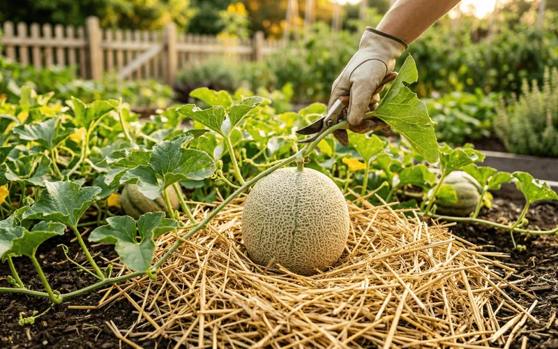 Main gantée utilisant un sécateur pour tailler la tige d'un pied de melon posé sur un lit de paille protecteur au potager