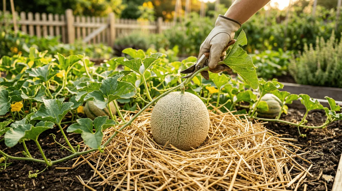 Main gantée utilisant un sécateur pour tailler la tige d'un pied de melon posé sur un lit de paille protecteur au potager