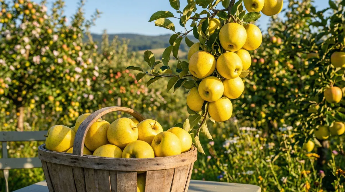 Panier en bois rempli de pommes Golden mûres et jaunes installé dans un verger ensoleillé au moment de la récolte