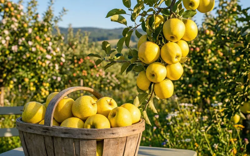 Panier en bois rempli de pommes Golden mûres et jaunes installé dans un verger ensoleillé au moment de la récolte