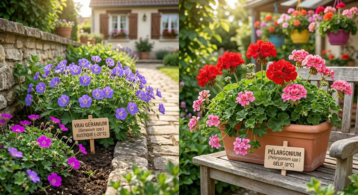 Comparatif entre un vrai géranium rustique violet planté en massif de terreau et un pélargonium gélif rouge cultivé en jardinière sur un banc