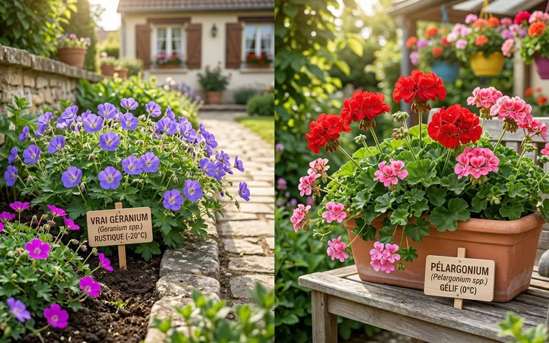 Comparatif entre un vrai géranium rustique violet planté en massif de terreau et un pélargonium gélif rouge cultivé en jardinière sur un banc