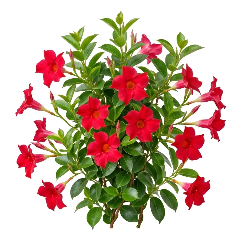 Liane florifère de dipladénia très vigoureuse, cascade depuis sa jardinière et dévoile de somptueuses grandes fleurs estivales en entonnoir évasé