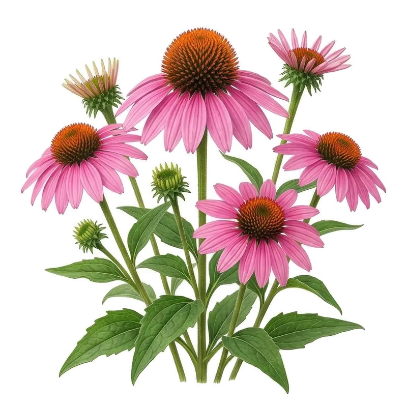 Robuste fleur d'échinacée pourpre, arborant de longs pétales roses légèrement retombants autour d'un gros cœur conique proéminent