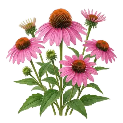 Robuste fleur d'échinacée pourpre, arborant de longs pétales roses légèrement retombants autour d'un gros cœur conique proéminent
