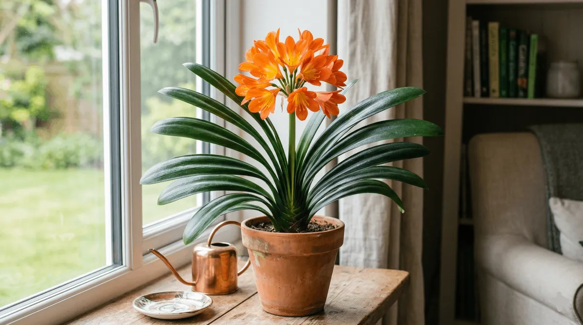 Clivia en pot posé sur un rebord de fenêtre, déployant ses longues feuilles rubanées vert sombre et sa superbe ombelle de fleurs orange vif