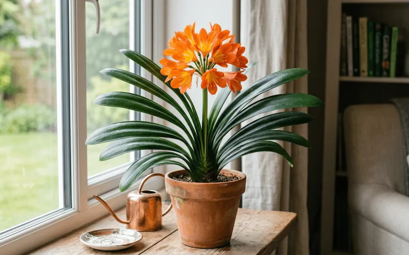 Clivia en pot posé sur un rebord de fenêtre, déployant ses longues feuilles rubanées vert sombre et sa superbe ombelle de fleurs orange vif