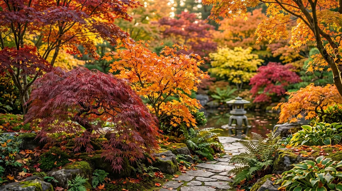 Jardin japonais arboré en automne présentant des variétés d'érables aux feuillages flamboyants rouges, orange et jaunes autour d'une lanterne en pierre