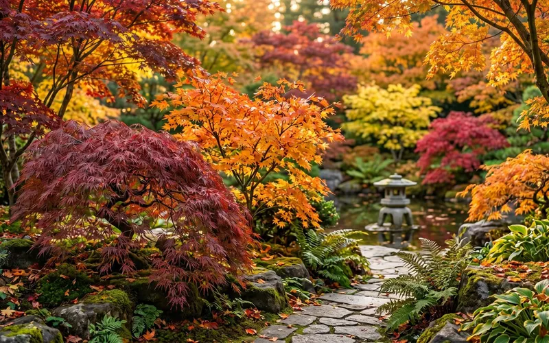 Jardin japonais arboré en automne présentant des variétés d'érables aux feuillages flamboyants rouges, orange et jaunes autour d'une lanterne en pierre