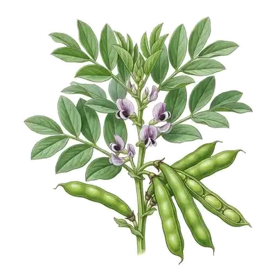 Longues gousses vertes, épaisses et charnues, dressées vers le ciel sur les tiges vigoureuses d'un plant de fève
