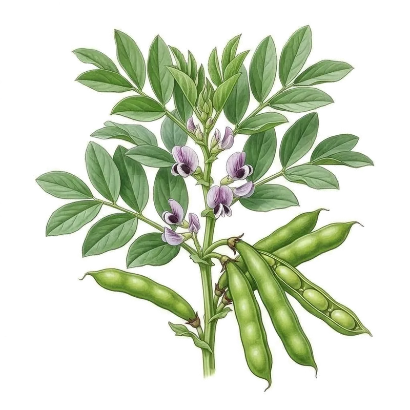 Longues gousses vertes, épaisses et charnues, dressées vers le ciel sur les tiges vigoureuses d'un plant de fève