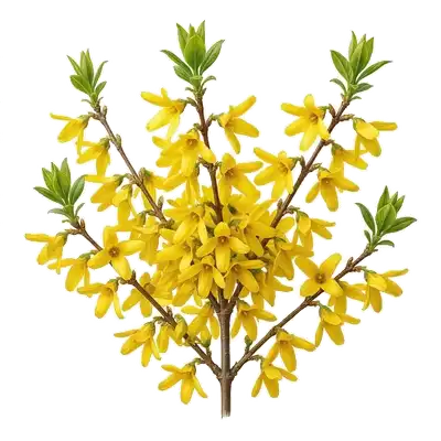 Buisson éclatant de forsythia dont les branches dénudées sont entièrement tapissées d'une abondante pluie de fleurs jaune d'or