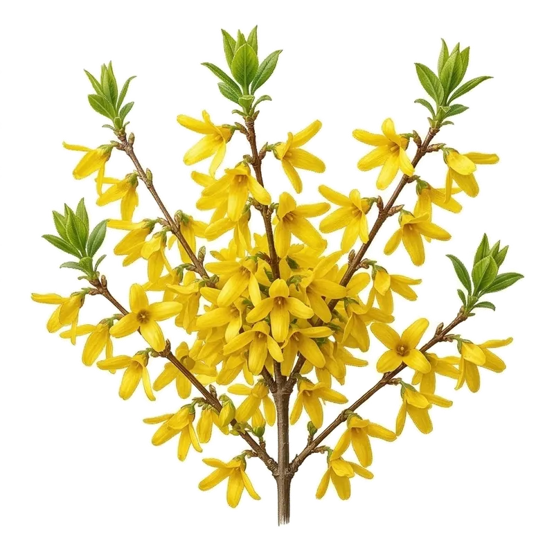 Buisson éclatant de forsythia dont les branches dénudées sont entièrement tapissées d'une abondante pluie de fleurs jaune d'or