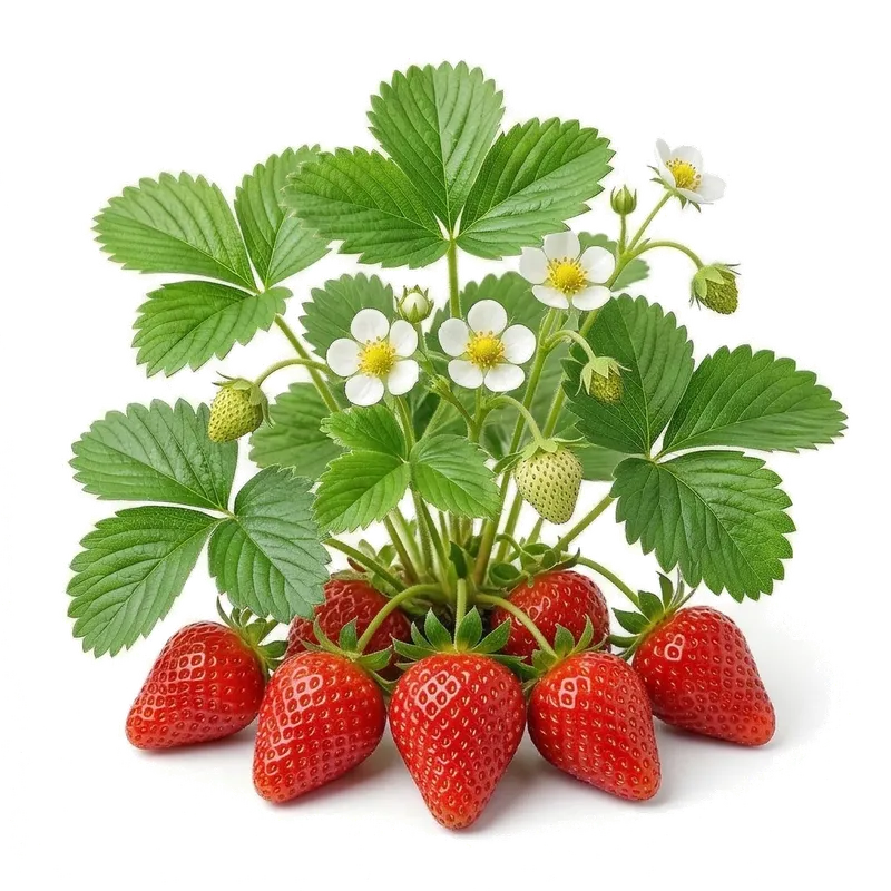 Fraisier Gariguette vigoureux montrant plusieurs fraises rouges allongées et juteuses prêtes à la cueillette