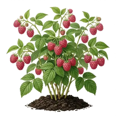 Gros plan sur les branches d'un framboisier garnies de délicieuses framboises rouges mûres et charnues