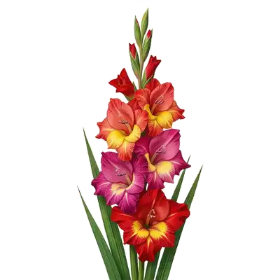 Majestueuses et hautes hampes florales de glaïeuls dressées vers le ciel, garnies de grandes fleurs asymétriques très colorées