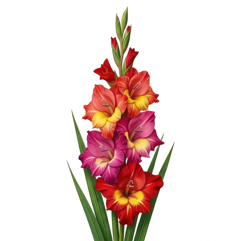 Majestueuses et hautes hampes florales de glaïeuls dressées vers le ciel, garnies de grandes fleurs asymétriques très colorées