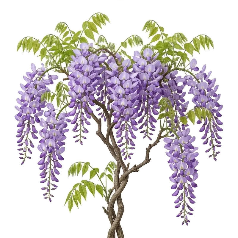 Gigantesques et somptueuses grappes de fleurs de glycine tombant en une cascade d'un doux ton bleu violacé