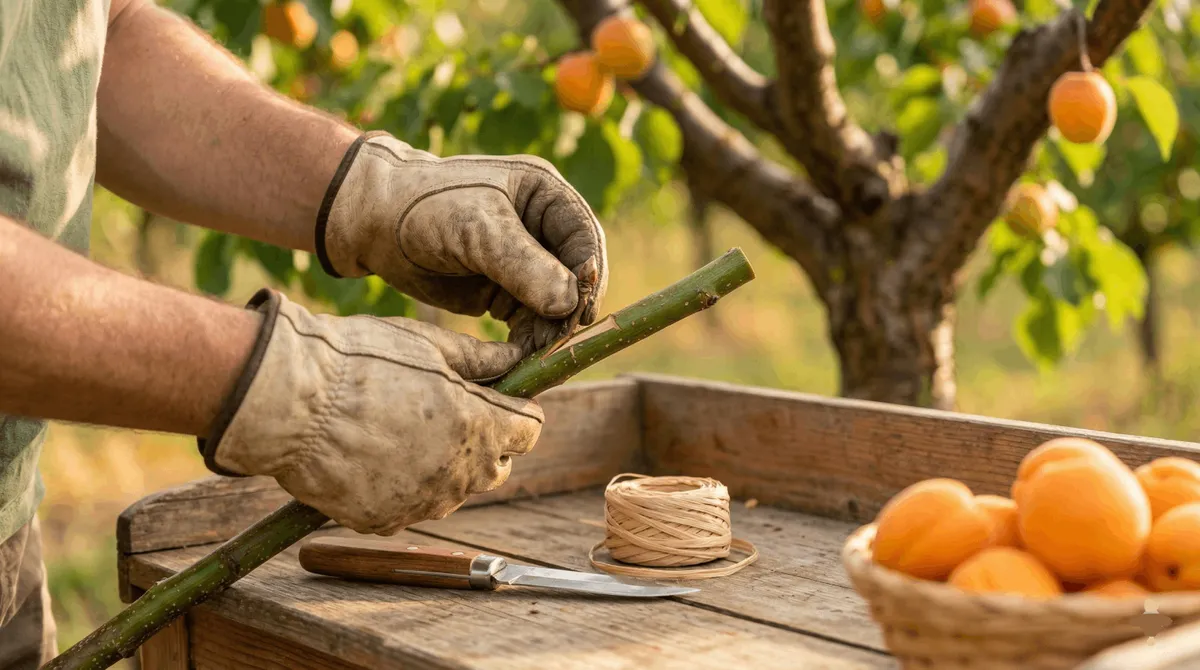 Gros plan sur les mains d'un jardinier réalisant une greffe en écusson sur le rameau d'un abricotier, avec des abricots mûrs dans un panier en arrière-plan