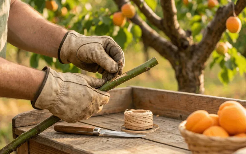 Gros plan sur les mains d'un jardinier réalisant une greffe en écusson sur le rameau d'un abricotier, avec des abricots mûrs dans un panier en arrière-plan