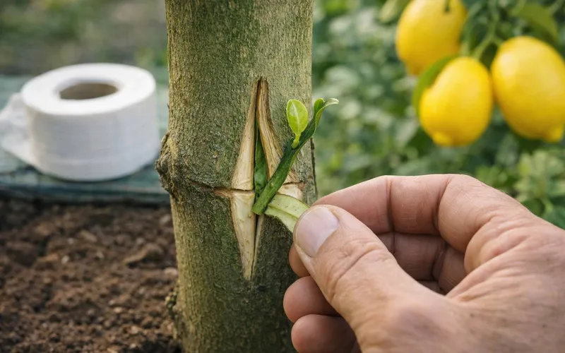 Main insérant délicatement un greffon de bourgeon feuillu dans l'entaille en T du tronc d'un citronnier porte-greffe