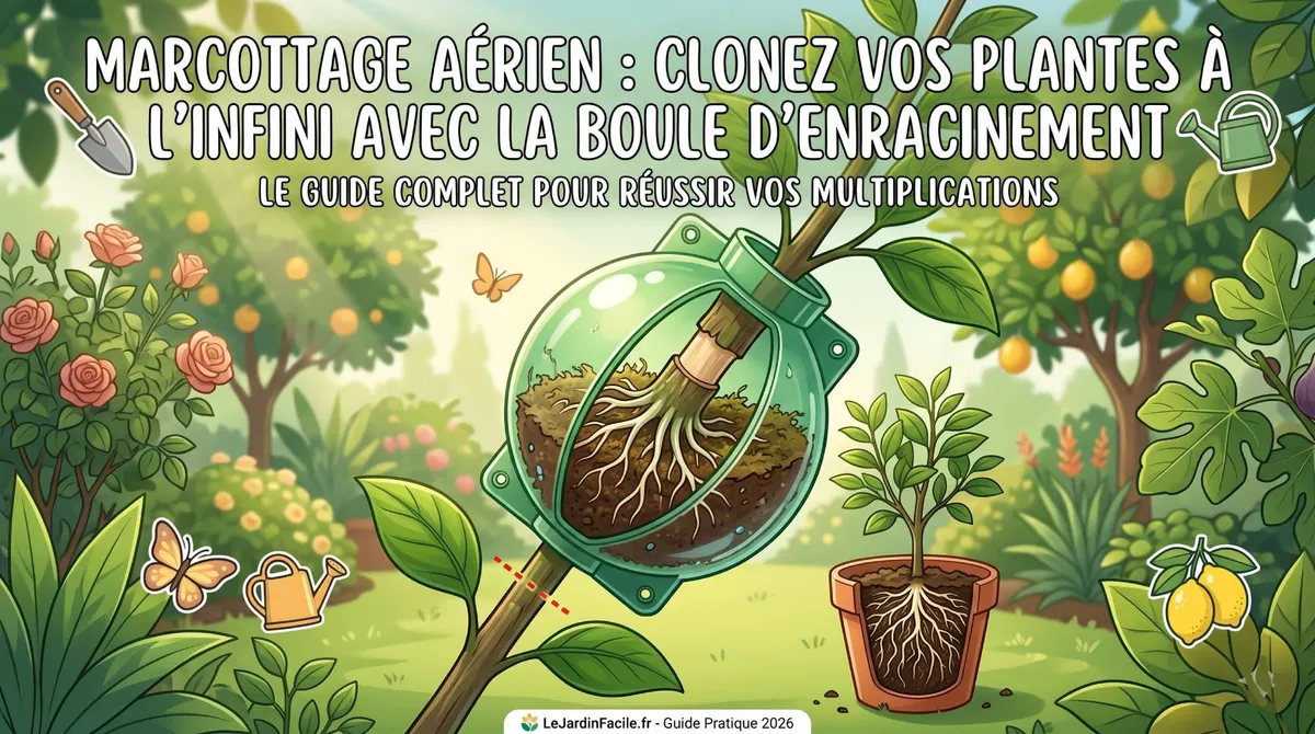 Schéma explicatif du marcottage aérien montrant une boule d'enracinement transparente transparente fixée sur la branche coupée d'une plante