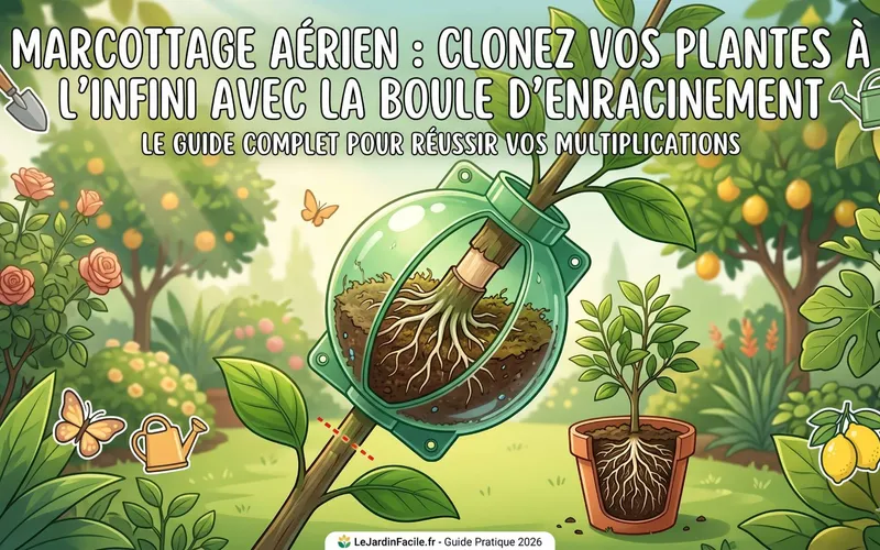 Schéma explicatif du marcottage aérien montrant une boule d'enracinement transparente transparente fixée sur la branche coupée d'une plante