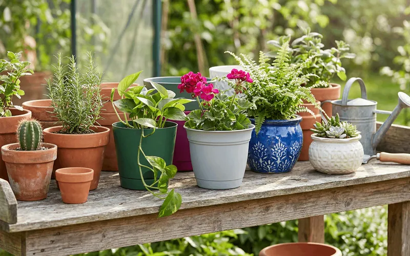 Assortiment de pots en terre cuite et céramique de différentes tailles et couleurs remplis de diverses plantes vertes sur une table de rempotage en bois