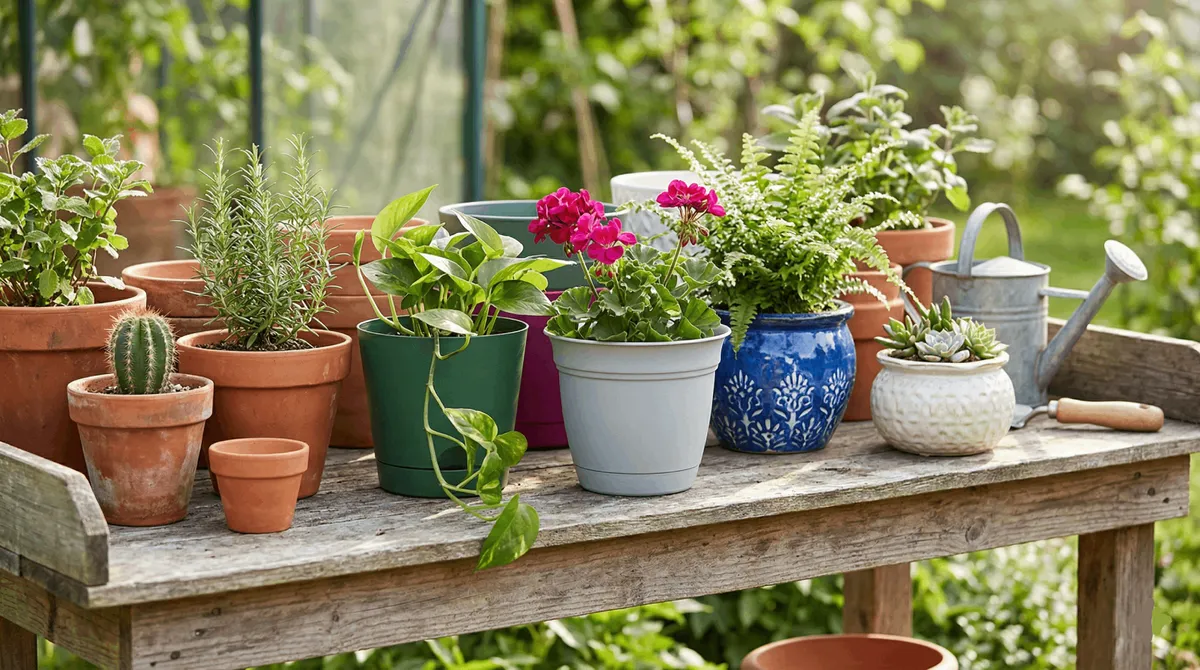 Assortiment de pots en terre cuite et céramique de différentes tailles et couleurs remplis de diverses plantes vertes sur une table de rempotage en bois