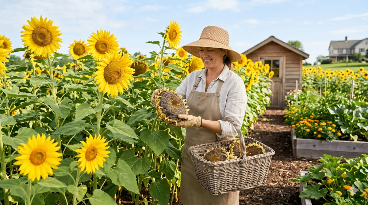 Jardinière souriante portant un chapeau de paille et un tablier, récoltant une grosse tête de tournesol mûre remplie de graines dans un champ de fleurs de soleil